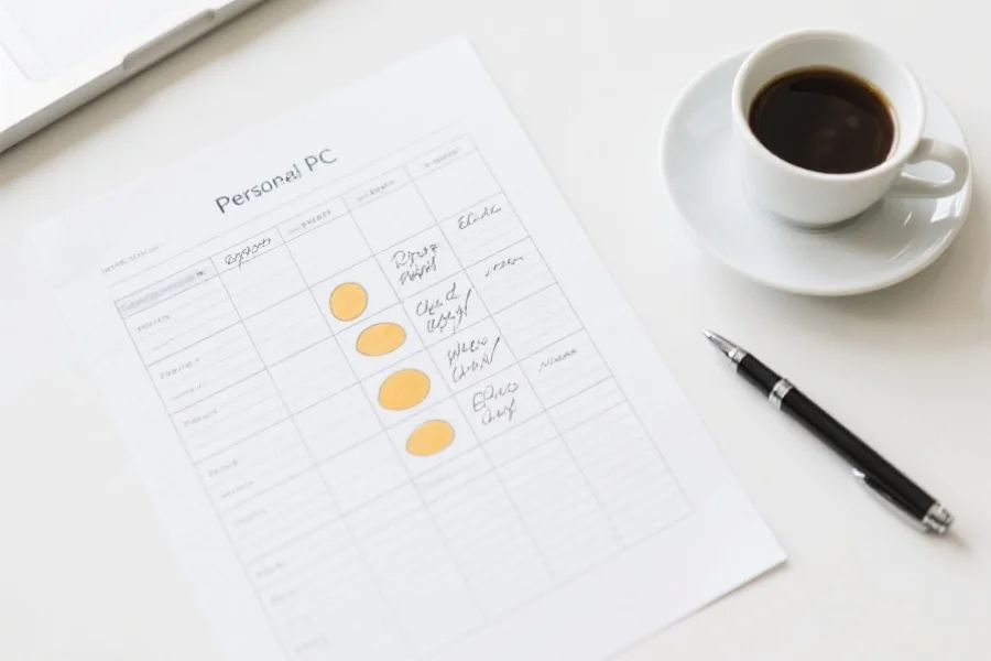 一张展示个人PC蛋蛋预测计划的手写表格，旁边放着咖啡杯和笔，环境简洁有序